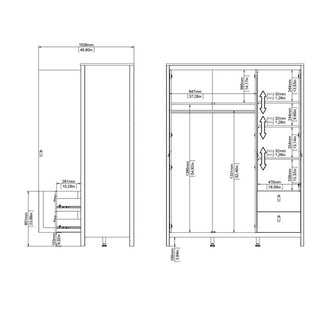 Technical drawing of the CHOICEWARDROBE Verona 3 Door Mirrored Wardrobe in white with tan leather handles, displaying labeled front and side views, showing shelves, two drawers, hanging space, and all sections measured in millimeters.