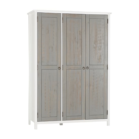 CHOICEWARDROBE Verox 3 door wardrobe in white and grey wooden finish with round handles.