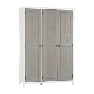 The CHOICEWARDROBE Verox 3 Door Wardrobe features a white & grey wooden finish, three vertically aligned doors with round knobs, short legs, and offers contemporary bedroom storage with a hanging rail and shelves (131cm wide).