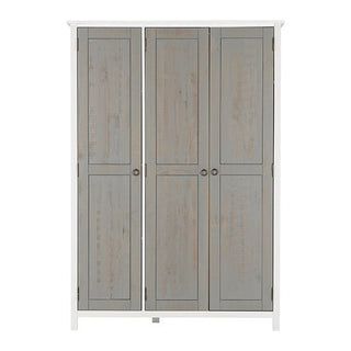The CHOICEWARDROBE Verox 3 Door Wardrobe features a contemporary white and grey wooden finish, with simple round knobs. It offers stylish bedroom storage with a hanging rail and shelves in a 131cm wide frame.