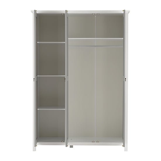 CHOICEWARDROBE Verox 3-door wardrobe with hanging rail on right and three shelves on left in white and grey.