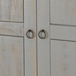 Close-up of the CHOICEWARDROBE Verox 3 Door Wardrobe in white & grey wooden finish, featuring contemporary design with visible wood grain, central gray doors, round metal ring handles, hanging rail & shelves (131cm wide).