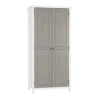 The CHOICEWARDROBE Verox Wooden Wardrobe is a 2 door, 90cm white & grey freestanding wardrobe with rustic country design, hanging rail, and shelf storage. Features wood panel doors with round metal knobs for a simple, modern look.