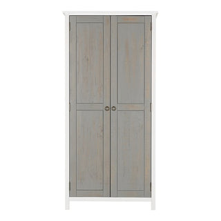 The CHOICEWARDROBE Verox Wooden Wardrobe is a 2-door, 90cm white and grey unit with a rustic country design, hanging rail, and shelf storage. It features round metal knobs and stands on short legs for a modern touch.