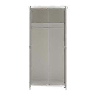The CHOICEWARDROBE Verox Wooden Wardrobe in white and grey stands freestanding with both doors open, showing an empty interior featuring a top shelf and a hanging rail in its rustic country design.