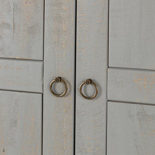 Close-up of the CHOICEWARDROBE Verox Wooden 2 Door 90cm Wardrobe in White & Grey, featuring round brass ring pull handles and a rustic country design with visible grain texture, hanging rail, and shelf storage.