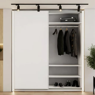 The CHOICEWARDROBE Vesso 3 Door Mirrored Sliding Wardrobe in matt white finish (235cm) is shown partially open with hanging clothes, a box on the top shelf, shoes, and empty shelves. LED lighting is installed above for a modern touch.