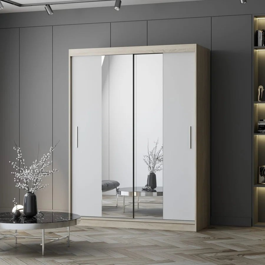 CHOICEWARDROBE Vetra 2-door sliding wardrobe, matt white with Sonoma Oak trim and mirrored doors.