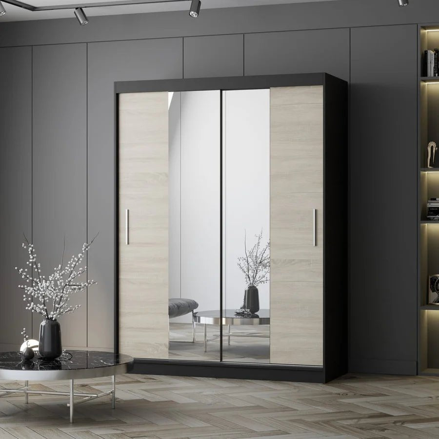 CHOICEWARDROBE Vetra 2 door sliding mirror wardrobe, 150cm, Sonoma Oak with black trim