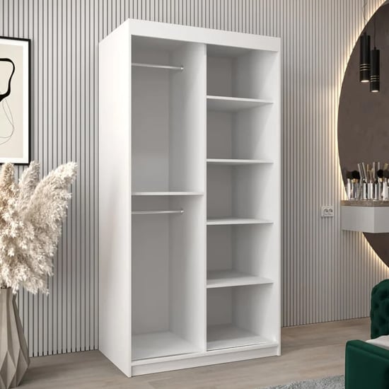 White CHOICEWARDROBE Vevey 100cm sliding wardrobe with mirrored doors and internal shelves.