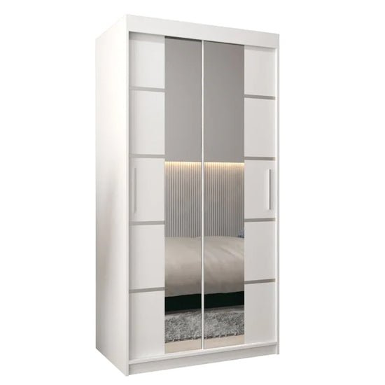 CHOICEWARDROBE Vevey 100cm white mirrored sliding door wardrobe with modern panel detail.