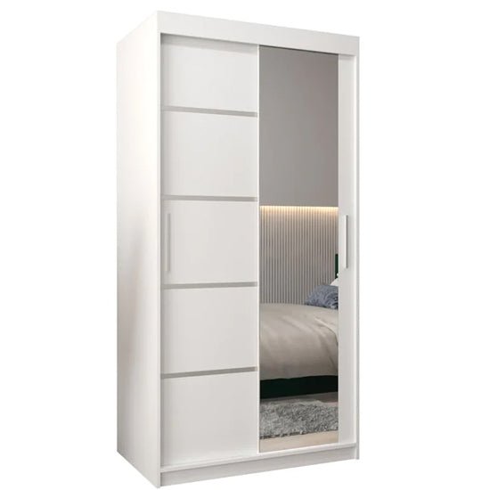 CHOICEWARDROBE Vevey 100cm white sliding wardrobe with one mirrored door and segmented doors.