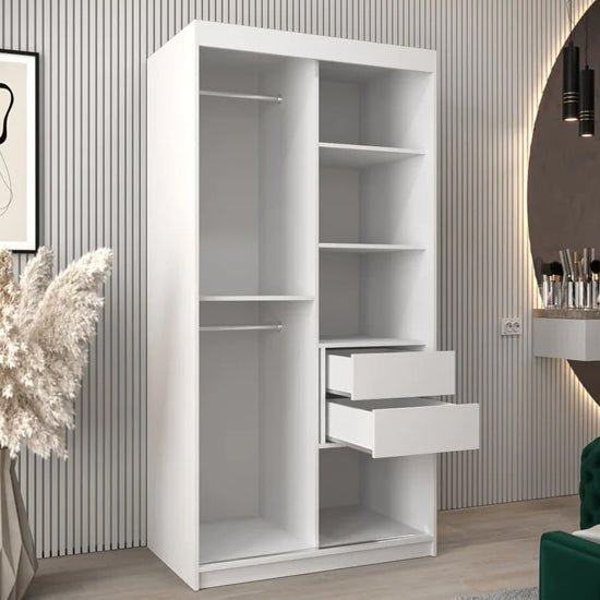 White two-door sliding wardrobe with one mirrored door, showing internal shelves and open drawers.