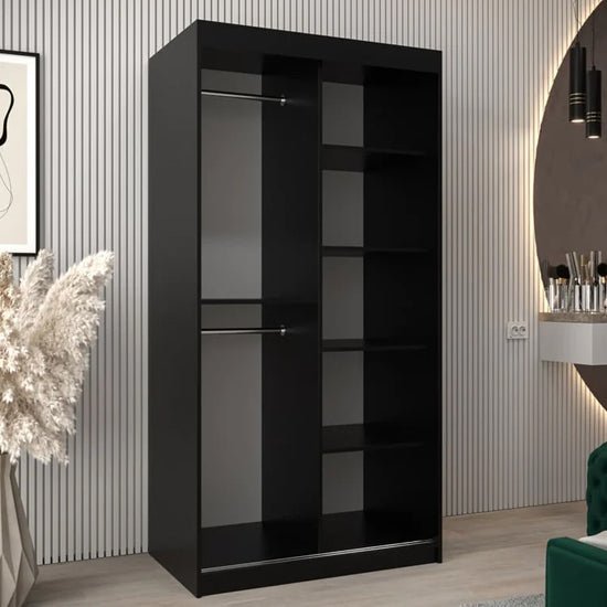 CHOICEWARDROBE Vevey 100cm black matte 2-door sliding wardrobe with mirrored door.