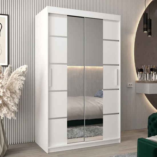 CHOICEWARDROBE Vevey 120cm white 2 door sliding wardrobe with mirrored doors and chrome detailing.