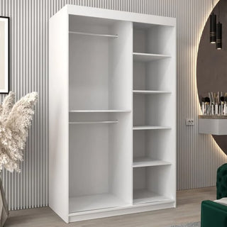 The CHOICEWARDROBE Vevey 2 Door Mirrored Sliding Wardrobe (120cm, white with chrome details) offers modern bedroom storage with a full-length mirror, hanging rail, and shelving—perfect for minimal decor and striped-walled rooms.