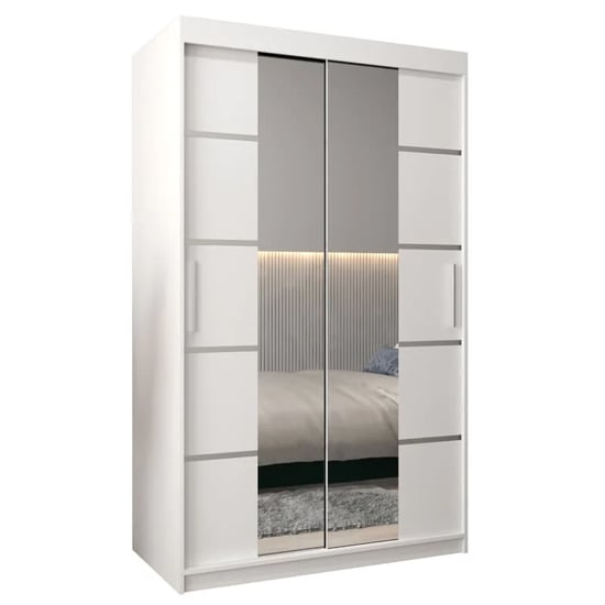 White 2-door sliding wardrobe with mirrored panels and chrome detailing