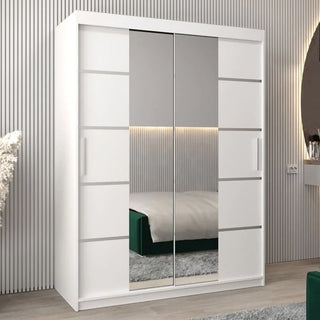 The CHOICEWARDROBE Vevey 2 Door Mirrored Sliding Wardrobe (150cm, White Finish) adds modern storage to your bedroom with a full-length mirror, hanging rails, and adjustable shelves, reflecting contemporary style alongside your bed and décor.
