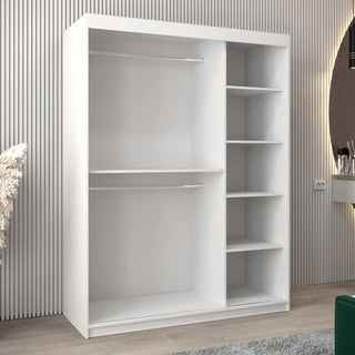 The CHOICEWARDROBE Vevey 2 Door Mirrored Sliding Wardrobe in 150cm white finish offers modern bedroom storage with full-length mirror, hanging rails, and adjustable shelves, ideal for stylish rooms with wood floors and vertical wall paneling.