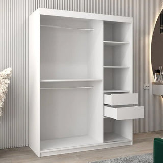 The CHOICEWARDROBE Vevey 2 Door Mirrored Sliding Wardrobe in white (150cm) features a full-length mirror, hanging rails, and adjustable shelves—modern bedroom storage perfect for organizing clothes and accessories.