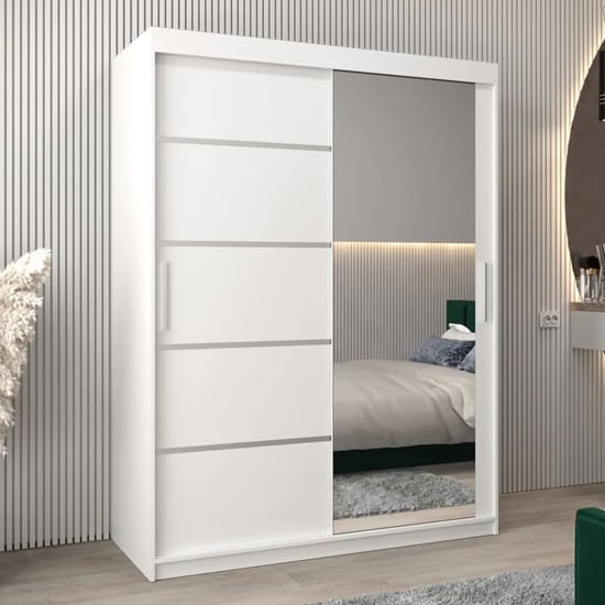 White matte 150cm sliding door wardrobe with a full-length mirrored door.