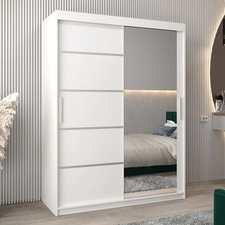 The CHOICEWARDROBE Vevey 2 Door Sliding Mirrored Wardrobe in White Matte Finish, with a full-length mirror, hanging rail, and storage shelves (150cm), adds modern style and storage to a neatly decorated bedroom.