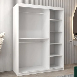 The CHOICEWARDROBE Vevey 2 Door Sliding Mirrored Wardrobe in white matte offers a modern design with a full-length mirror, hanging rail, and storage shelves—perfect for stylish bedroom storage against a contemporary striped wall.
