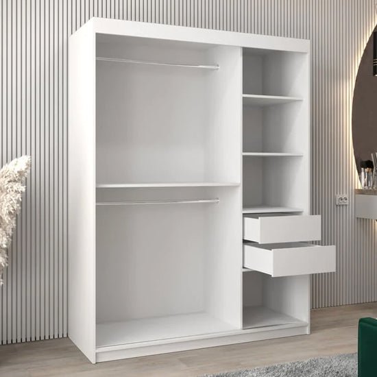CHOICEWARDROBE Vevey 150cm white matte sliding door wardrobe with 2 doors, 1 mirrored, showing internal shelves and hanging rails.