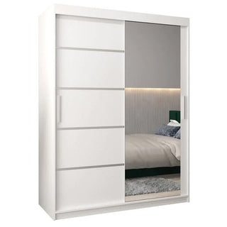 The CHOICEWARDROBE Vevey 2 Door Sliding Mirrored Wardrobe (150cm, White Matte Finish) features a full-length mirror, hanging rail, and storage shelves for modern bedroom style and practical storage.