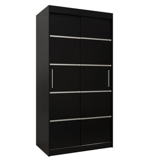 The CHOICEWARDROBE Vevey 2 Door Sliding Wardrobe, 100cm in black with chrome detailing, features a modern compact design with hanging rail and shelving storage, displayed against a white background.