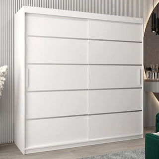 The CHOICEWARDROBE Vevey 2 Door Sliding Wardrobe (200cm, White Finish with Chrome Detailing) features a spacious modern design, shelving, hanging rail, and smooth sliding doors, set against light wood flooring and striped wall paneling.