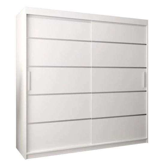 White 2-door sliding wardrobe with chrome detailing and horizontal panel lines