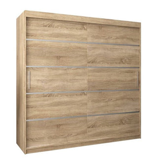 The CHOICEWARDROBE Vevey 200cm sliding wardrobe features a contemporary wood grain oak design, two doors with silver accents and vertical handles, plus shelves and hanging rails for versatile storage.