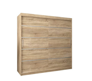 The CHOICEWARDROBE Vevey 200cm Oak Sliding Wardrobe features a contemporary wood grain design, two large sliding doors, shelves, and hanging rails, with a plain white background.