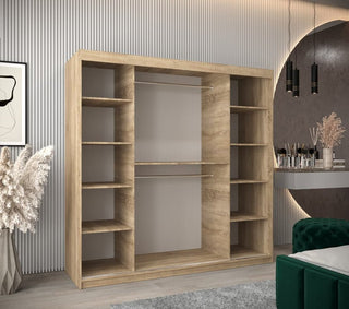 The CHOICEWARDROBE Vevey 200cm 2 Door Oak Sliding Wardrobe, featuring a contemporary wood grain design with shelves and hanging rails, stands in a stylish room with striped walls, decorative plants, framed art, and modern lighting.