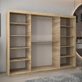 A CHOICEWARDROBE Vevey 250cm 3 Door Sliding Mirrored Wardrobe in Sonoma Oak, featuring shelves and hanging rails, stands against a modern room with vertical wall slats and gray carpet, displaying a mirror and decorative items.