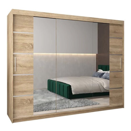 CHOICEWARDROBE 250cm 3 Door Sliding Wardrobe Sonoma Oak Mirrored Doors