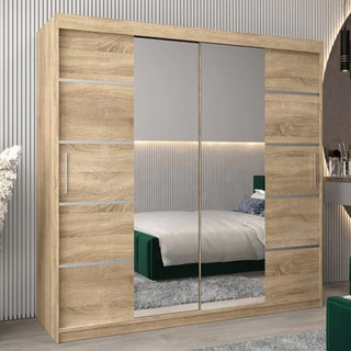 The CHOICEWARDROBE Vevey 3 Door Mirrored Sliding Wardrobe in a 200cm oak finish features full-length mirrors, hanging rails, and shelving for contemporary bedroom storage, reflecting the room’s decor while enhancing style and functionality.