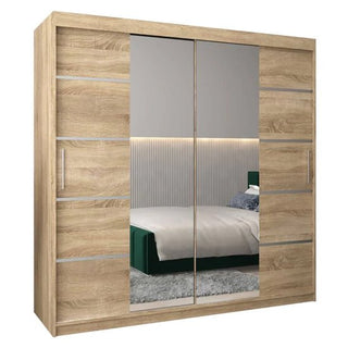 The CHOICEWARDROBE Vevey 3 Door Mirrored Sliding Wardrobe (200cm Oak Finish) features full-length mirrors, hanging rails, and shelving, offering contemporary bedroom storage with a light oak look for modern style and practicality.