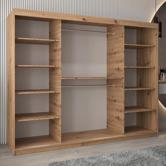 CHOICEWARDROBE Vevey 3 door sliding wardrobe in oak finish with one mirrored door.