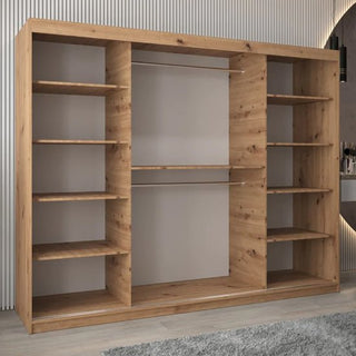 The CHOICEWARDROBE Vevey 3 Door Sliding Mirrored Wardrobe (250cm Oak Finish) features a modern triple-panel design, full-length mirror, hanging rails, and adjustable shelves. It’s shown against a vertically lined wall with gray carpeting in front.