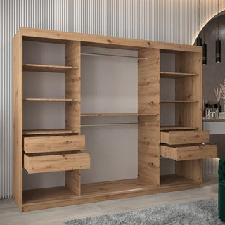 The CHOICEWARDROBE Vevey 3 Door Sliding Mirrored Wardrobe (250cm, Oak Finish) with full-length mirror, adjustable shelves, and hanging rails stands against a grooved wall in a modern room; some drawers are open and a gray rug is on the floor.