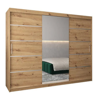 The CHOICEWARDROBE Vevey 3 Door Sliding Mirrored Wardrobe, 250cm in oak finish, features a modern triple-panel design with full-length mirror, metal handles, hanging rails, and adjustable shelves for a sleek and functional bedroom look.