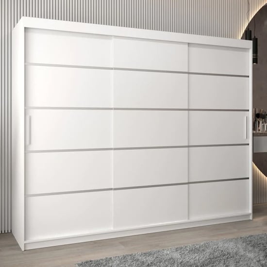 CHOICEWARDROBE Vevey 250cm 3-door matt white sliding wardrobe with silver trim