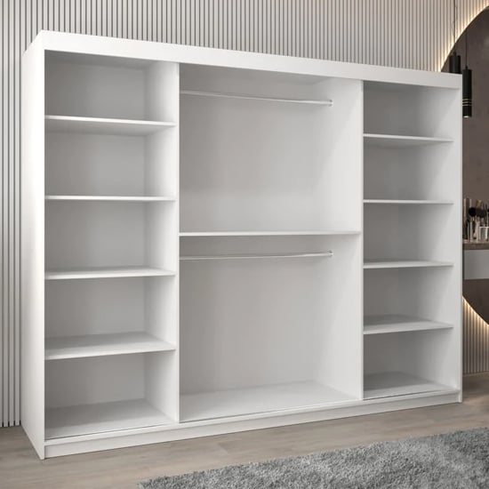CHOICEWARDROBE Vevey 250cm 3-door sliding wardrobe in matt white, with internal shelving and hanging rails visible.