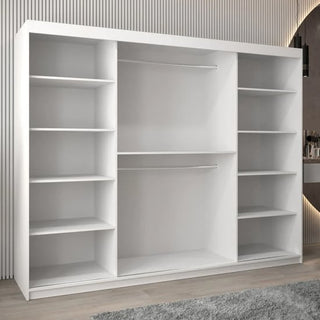 The CHOICEWARDROBE Vevey 3 Door Sliding Wardrobe – 250cm Matt White features a sleek modern design, deep shelving, and premium bedroom storage—ideal for large rooms and perfect against a wall with vertical lines.