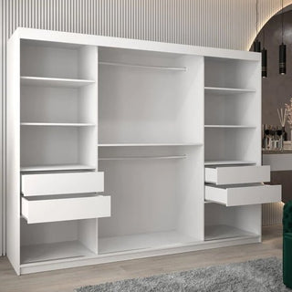 The CHOICEWARDROBE Vevey 3 Door Sliding Wardrobe (250cm Matt White) features sleek modern design, deep shelving, two hanging rods, and four drawers for premium bedroom storage, set against a wall with stylish vertical grooves.