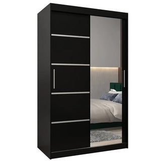 The CHOICEWARDROBE Vevey Black Mirrored Sliding Wardrobe features a modern high-gloss finish, silver handles, shelves, rails, and 2 doors—one solid black and one full-length mirror—for stylish bedroom storage.