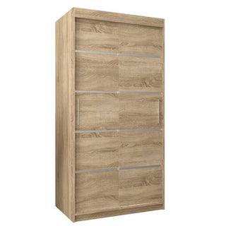 The CHOICEWARDROBE Vevey I 2 Door Sliding Wardrobe in Sonoma Oak features a modern, space-saving design with shelves and a hanging rail. Its sleek look and 100cm width make it a stylish storage solution for any room.