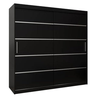 The CHOICEWARDROBE Vevey I Wooden Sliding Door Wardrobe, 200cm wide in black with silver trim, features a modern minimalist design and is a stylish addition to any room.